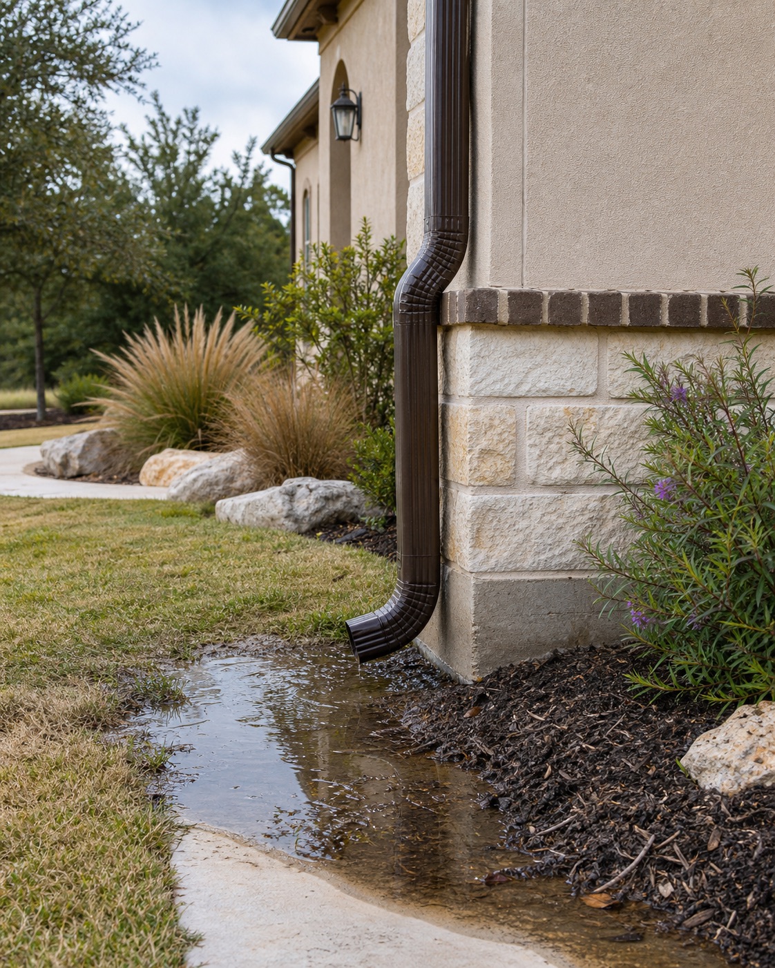 Water pooling near a home foundation and downspout