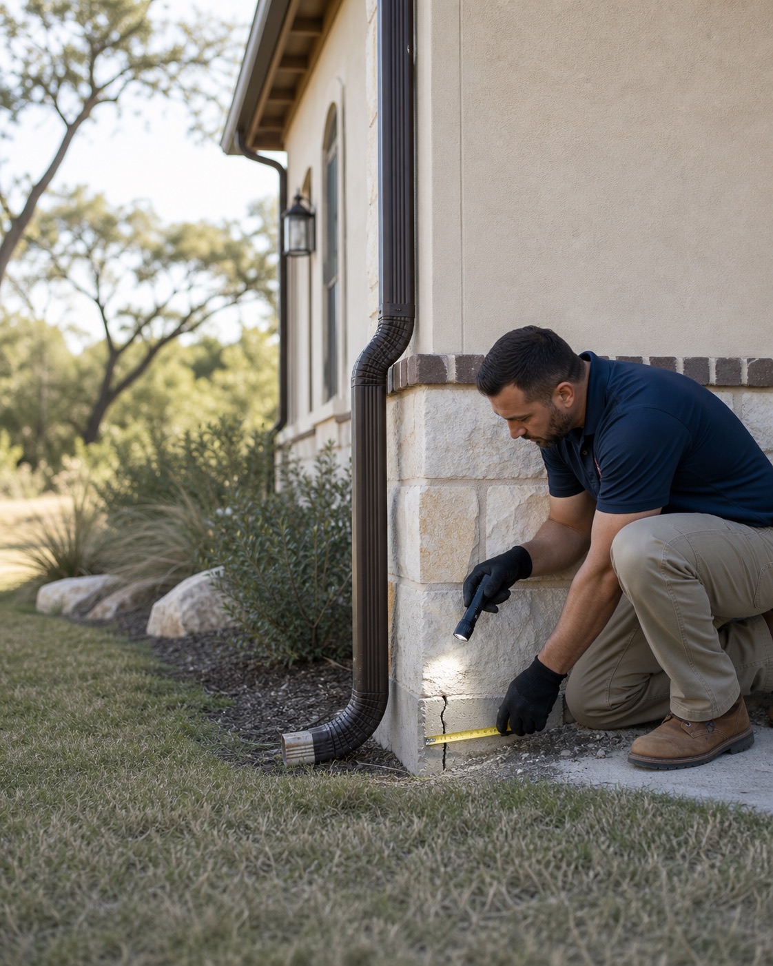 Foundation inspection beside a New Braunfels home