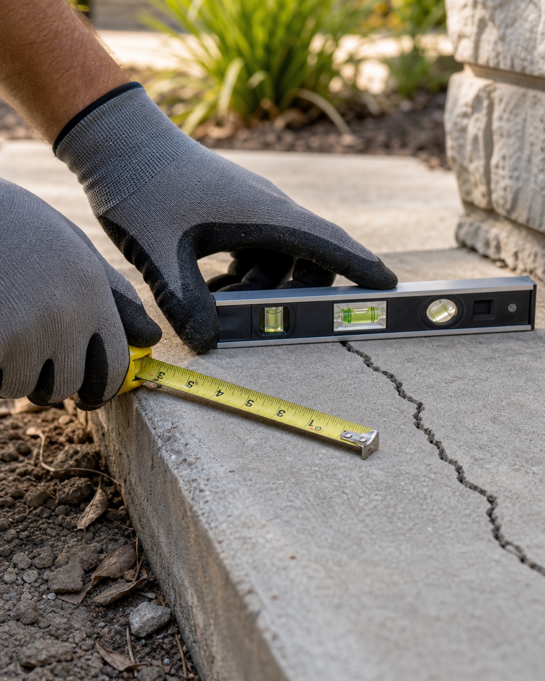 Concrete slab crack being checked with a level