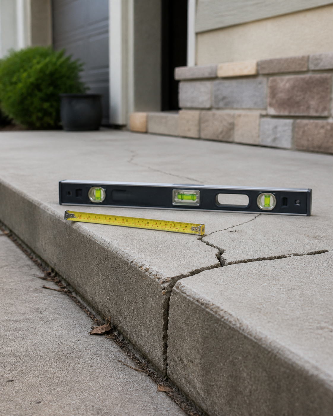 Concrete slab crack checked with a level and tape measure