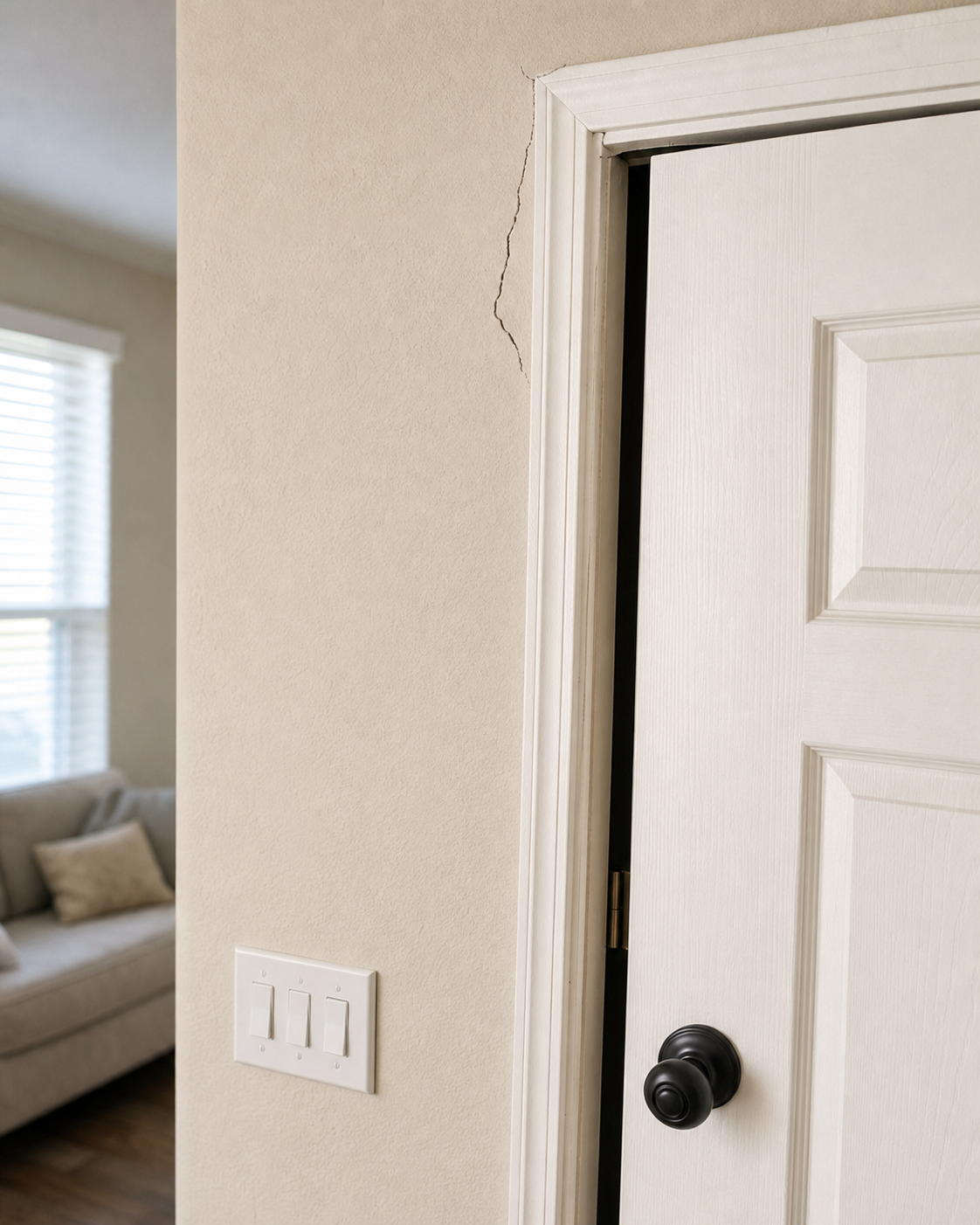Interior door frame gap with a wall crack that may point to foundation movement